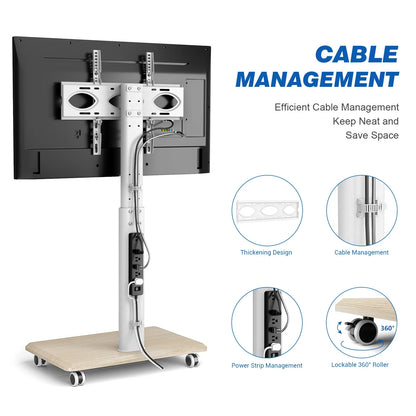 Modern Floor Rolling TV Stand for TVs up to 70 inch, White, Wooden Base