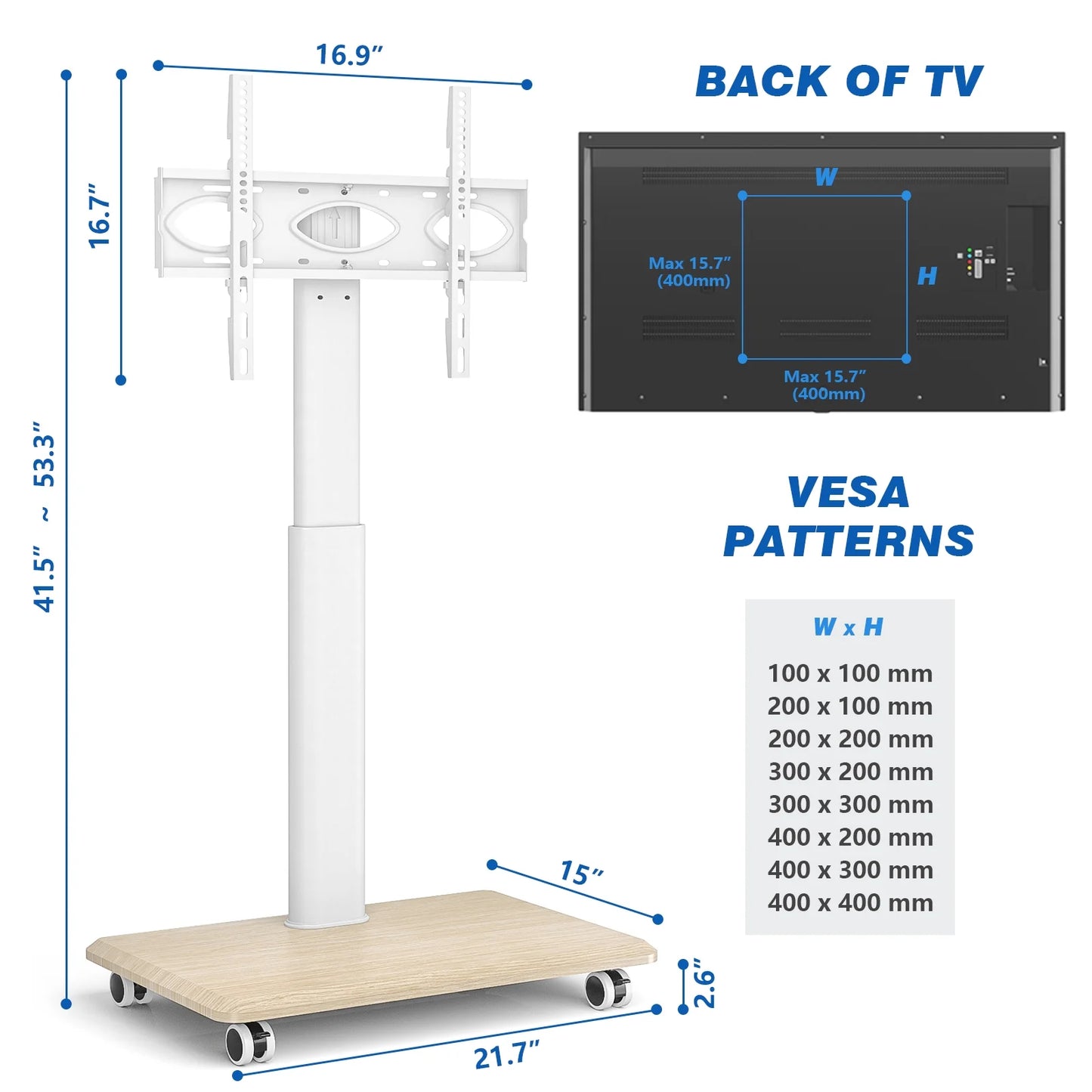 Modern Floor Rolling TV Stand for TVs up to 70 inch, White, Wooden Base